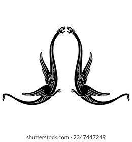 Symmetrical animal design with two winged medieval dragons.  Illuminated manuscript style. Black and white negative silhouette.