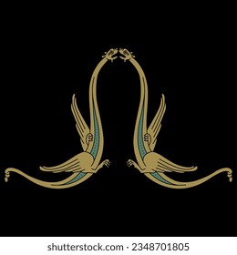 Symmetrical animal design with two winged medieval dragons. Illuminated manuscript style. On black background.