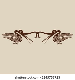 Symmetrical animal ornament or border with two stylized heron birds. Native American art of Maya Indians. Monochrome silhouette.