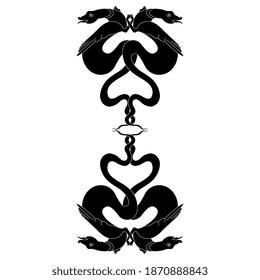 Symmetrical animal ornament with medieval dragons or winged serpents. Black and white silhouette.