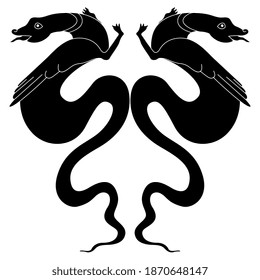 Symmetrical animal ornament with two medieval dragons or winged serpents. Black and white silhouette.