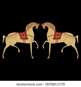 Symmetrical animal pattern with two stylized horses. Russian folk style.