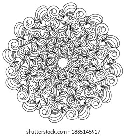 Symmetrical anti stress mandala with swirls and hearts, ornate zen coloring page vector illustration