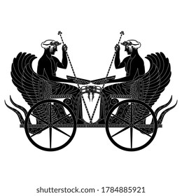 Symmetrical antique decor with two ancient Greek heroes sitting in a winged dragon snake chariots. Triptolemus. Black and white silhouette. Letter V logo.