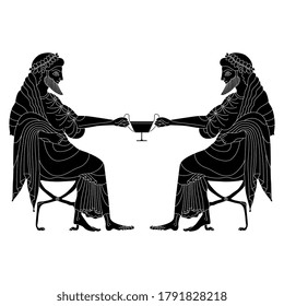 Symmetrical antique decor. Two seated ancient Greek men holding cup of wine. Black and white silhouette. Vase painting style.