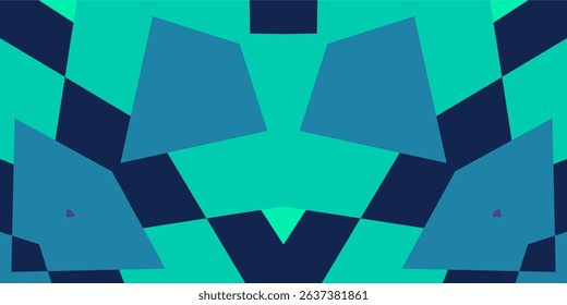 A symmetrical arrangement of angular shapes in shades of teal, turquoise, and dark blue. The overlapping forms create a sense of depth and a modern, somewhat crystalline pattern.