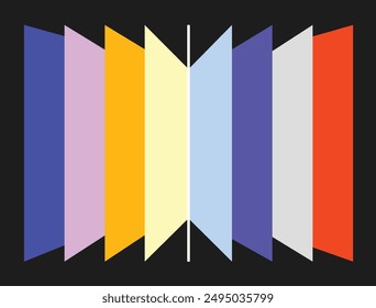 Symmetrical arrangement of colorful geometric shapes against a black background, creating a striking visual contrast and dynamic composition, perfect for modern art and graphic design projects.