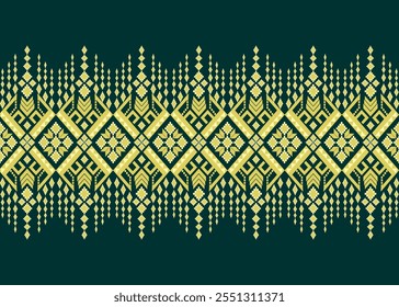 Symmetrical arrangement of diamond shapes in shades of golden yellow on a dark green background. Cultural tapestries and decorations that celebrate heritage and elegance abstract pattern vector