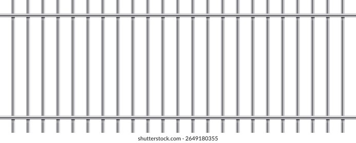 Um arranjo simétrico de barras de metal paralelas verticais e horizontais cria um padrão geométrico. O fundo branco claro e brilhante permite que o metal de cor prata se destaque.