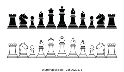 Symmetrical arrangements of classic chess pieces displayed against a white background in black and white silhouettes