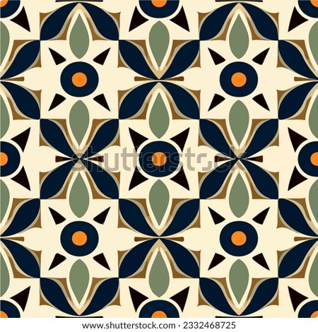 Symmetrical art deco pattern featuring an ornate geometric design with a vibrant orange circle at its center. The seamless pattern showcases intricate details.