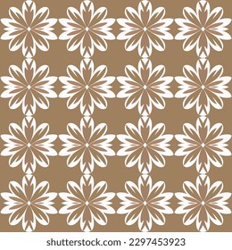 Symmetrical, art deco-inspired vector pattern with white and brown marigold flowers repeating seamlessly over dark background, perfect for stylish bedding or elegant wedding invitations.
