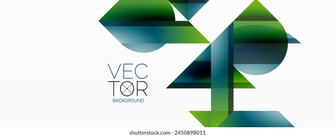A symmetrical art design featuring green and electric blue triangles arranged in the shape of arrows on a white background. The pattern includes rectangles, aqua circles, and hints of grass