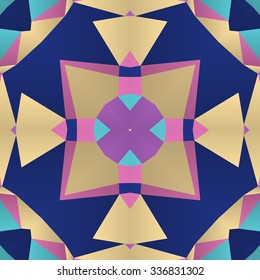 Symmetrical background element with bold geometrical patterns and stylized floral pattern. For wallpaper, pattern fills, web page background, surface textures for print and dalle production.