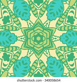 Symmetrical background element with bold geometrical patterns and stylized floral pattern. For wallpaper, pattern fills, web page background, surface textures for print and dalle production.