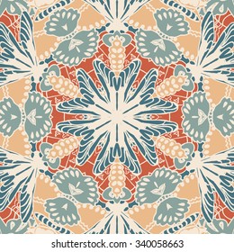 Symmetrical background element with bold geometrical patterns and stylized floral pattern. For wallpaper, pattern fills, web page background, surface textures for print and dalle production.