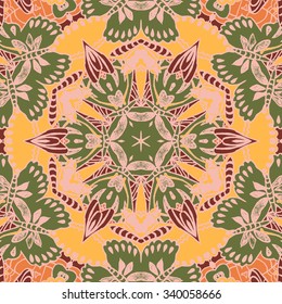 Symmetrical background element with bold geometrical patterns and stylized floral pattern. For wallpaper, pattern fills, web page background, surface textures for print and dalle production.