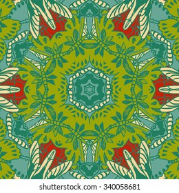 Symmetrical background element with bold geometrical patterns and stylized floral pattern. For wallpaper, pattern fills, web page background, surface textures for print and dalle production.