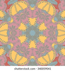 Symmetrical background element with bold geometrical patterns and stylized floral pattern. For wallpaper, pattern fills, web page background, surface textures for print and dalle production.