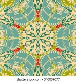 Symmetrical background element with bold geometrical patterns and stylized floral pattern. For wallpaper, pattern fills, web page background, surface textures for print and dalle production.