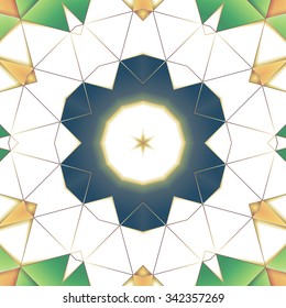 Symmetrical background element with bold geometrical patterns and stylized floral pattern. For wallpaper, pattern fills, web page background, surface textures for print and dalle production.