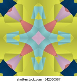 Symmetrical background element with bold geometrical patterns and stylized floral pattern. For wallpaper, pattern fills, web page background, surface textures for print and dalle production.