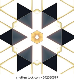 Symmetrical background element with bold geometrical patterns and stylized floral pattern. For wallpaper, pattern fills, web page background, surface textures for print and dalle production.