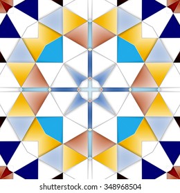 Symmetrical background element with bold geometrical patterns and stylized floral pattern. For wallpaper, pattern fills, web page background, surface textures for print and dalle production.