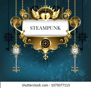 Symmetrical banner, decorated with pattern and golden gears on turquoise background. Steampunk style.
