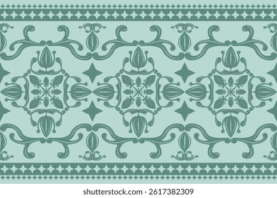 Symmetrical Baroque Pattern on Green Jade Ornament. Royal Traditional of Endless Luxury Cross Florals Pattern Border Medieval Motif Wallpaper Filigree Handkerchief Stripe Silk Hand drawn Embroidery 