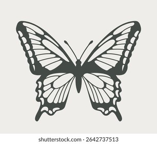 Symmetrical black butterfly silhouette with detailed wings, minimalistic graphic style, displayed on a light background. Concept of nature, elegance, transformation. Vector illustration