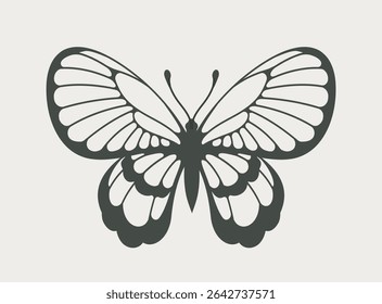 Symmetrical black butterfly silhouette with detailed wing structure, flat graphic style, isolated on a light background. Concept of nature and elegance. Vector illustration