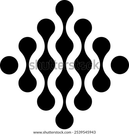 A symmetrical black design composed of connected circular shapes that create a flowing, organic pattern resembling a molecular structure or sound waves.