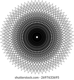 Um padrão geométrico de flor preto simétrico com pontos brancos e linhas intrincadas sobre um fundo branco.