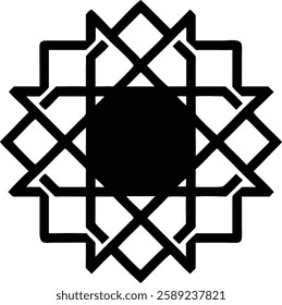A symmetrical black geometric Islamic pattern with a bold black circle in the center, symbolizing unity and depth.