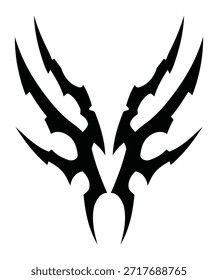 Un Diseño gráfico negro simétrico con alas estilizadas con puntas puntiagudas y bordes irregulares sobre un fondo blanco.