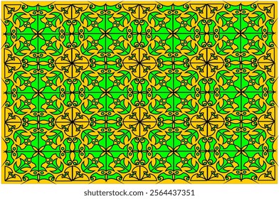 Symmetrical black and green ornamental design with intricate and elegant pattern. This pattern resembles a traditional art style with rich geometric details, perfect for background or decorative motif