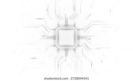Patrón de microchip de CPU de semitono negro simétrico con vías de circuito digital para ingeniería de hardware y Ilustración vectorial de diseño de fondo tecnológico