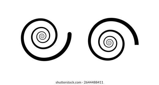 Padrões simétricos em espiral hipnótica preta sobre um fundo branco.