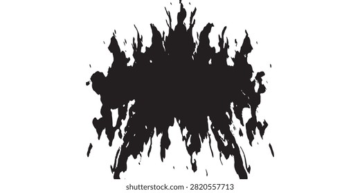 A symmetrical black ink splatter with a fiery, organic shape, isolated on a white background.
