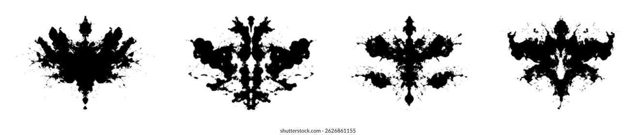 Coleta simétrica de borrões de tinta preta para análise psicológica e testes projetivos. Padrões isolados de teste de Rorschach sobre fundo branco para terapia, diagnóstico, design, interpretação, tatuagem
