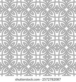 Symmetrical black line art creates a seamless floral and geometric pattern on a white background. Ideal for coloring books, artistic designs, or backgrounds.