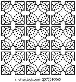 Symmetrical black line art creates a seamless geometric pattern on a white background. Ideal for coloring books, artistic designs, or backgrounds.