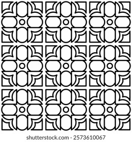 Symmetrical black line art creates a seamless geometric pattern on a white background. Ideal for coloring books, artistic designs, or backgrounds.