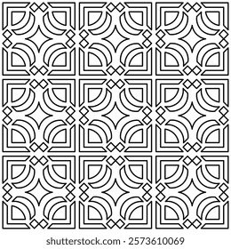 Symmetrical black line art creates a seamless geometric pattern on a white background. Ideal for coloring books, artistic designs, or backgrounds.