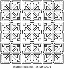 Symmetrical black line art creates a seamless geometric pattern on a white background. Ideal for coloring books, artistic designs, or backgrounds.