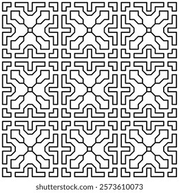 Symmetrical black line art creates a seamless geometric pattern on a white background. Ideal for coloring books, artistic designs, or backgrounds.