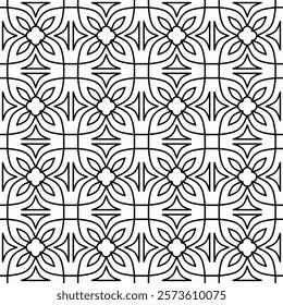 Symmetrical black line art creates a seamless floral and geometric pattern on a white background. Ideal for coloring books, artistic designs, or backgrounds.