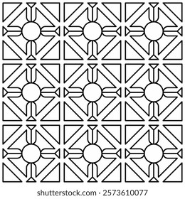 Symmetrical black line art creates a seamless geometric pattern on a white background. Ideal for coloring books, artistic designs, or backgrounds.