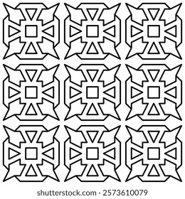 Symmetrical black line art creates a seamless geometric pattern on a white background. Ideal for coloring books, artistic designs, or backgrounds.